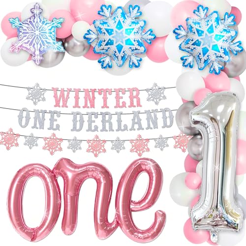 JeVenis Schneeflocke Dekoration Banner Girlande Winter Onederland 1 Geburtstag Dekorationen Erster Geburtstag Banner Nummer 1 Folienballon Rosa Luftballons für Jungen Mädchen von JeVenis