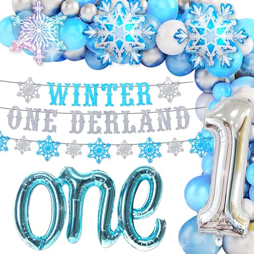 JeVenis Schneeflocke Dekoration Banner Girlande Erster Geburtstag Banner Winter Onederland 1 Geburtstag Dekorationen Nummer 1 Folienballon Blau Luftballons für Jungen Mädchen von JeVenis