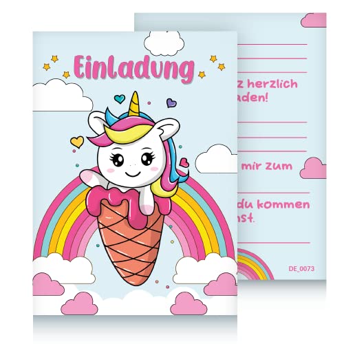 Jean-Philippe Dietz® 12 Einhorn Einladungskarte für Kindergeburtstag oder Partys - Kinder Geburtstagseinladungskarten - Einladungen zum Geburstag für Mädchen (Fliegende Waffel) von Jean-Philippe Dietz