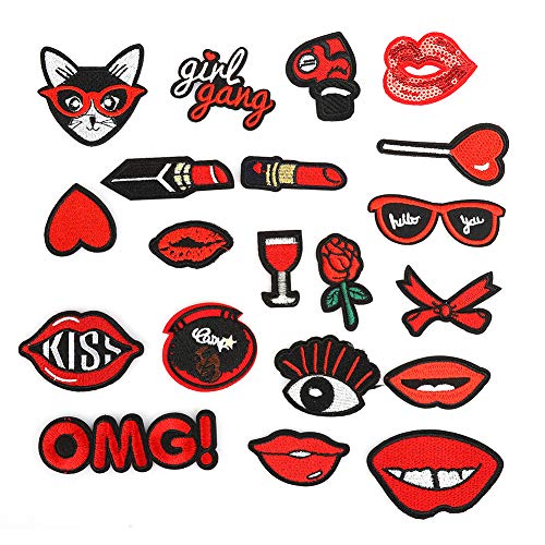 20 Stück Lippenmuster-Patch, Dekorativer Lippenstift, Kleidungsaufkleber, Stickerei, Zum Aufbügeln, mit Kleber für Kleidung, Hosen, Jacken und Rucksäcke von Jeanoko