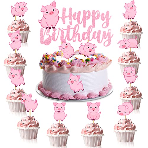 40 Stück Schweine-Cupcake-Topper und 1 Stück Happy Birthday-Cupcake-Dekorationen, rosa Schweine-Bauernhof-Tier-Themen-Kuchendekoration für Schweine, Babyparty-Dekorationen, rosa Bauernhof-Mottoparty-Zubehör von Jecery