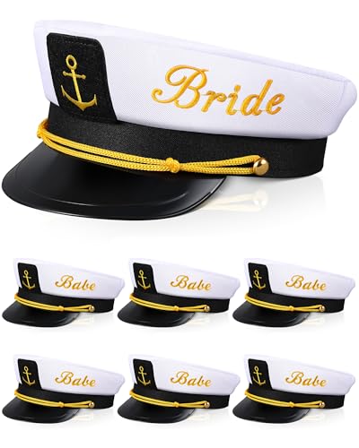 Jecery 7 Stück Braut Babe Kapitän Hüte Bachelorette Kapitänsmütze nautischer Junggesellinnenabschied-Hut für Hochzeit, Party, Brautparty, Geschenk, Dekoration, Bootsmütze von Jecery