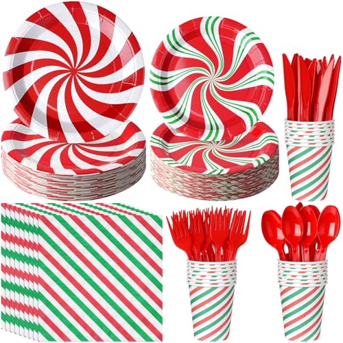 Weihnachtliche Zuckerstangen-Partyteller, Weihnachtsgeschirr, Pfefferminzwirbel, rot-grün, Pappteller und Servietten, Tasse, Messer, Löffel für Weihnachten, Urlaub, Party-Dekorationen, 175 Stück von Jectivs