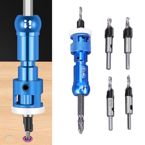 Senkerbohrer-Set, 5-teilig, M2 HSS-Kegelbohrer mit Verstellbarem Tiefenanschlag für Holzsenkbohrer, Sechskantschaft-Schnellwechsel, 82-Grad-Senker von Jectse
