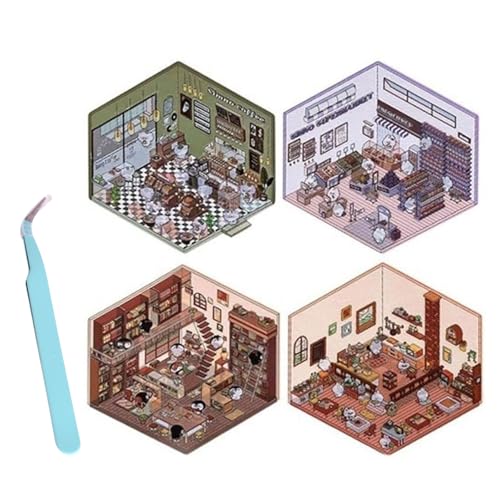 Jeeeun 4 Sets DIY 3D House Stickers, DIY 3D Sticker Scene, 3D Miniature Scene Stickers, Sticker Scenes for Adults, Make Your Own Cafe/Supermarket/Restaurant/Bookstore (A) von Jeeeun