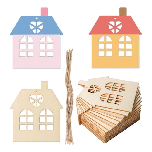 Jeenuuder Set aus Holzetiketten in Form eines unvollendeten Hauses, 50 Stück, zum Aufhängen, Holzscheiben, leere Holzscheiben, Geschenketiketten aus Holz, inkl von Jeenuuder