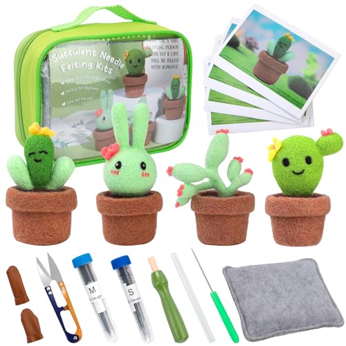 Jeesblsy Nadelfilz Set für Anfänger Kinder, 4-Teiliges Niedliches Kaktuswollfilz-Set, Nadelfilzzubehör Komplette Nadelfilz Werkzeuge und Zubehör (Kaktus) von Jeesblsy