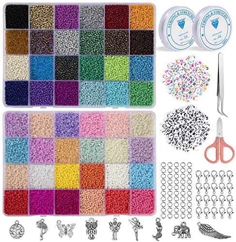 Jeesblsy Perlen zum Auffädeln, Glasperlen Perlen für Armbänder Aesthetic, 2mm Mini Bunte Schmuckperlen mit Charms Kits A-Z Distanzperlen für DIY Schmuckherstellung Kit (48 Farbe, 35000 Stück) von Jeesblsy