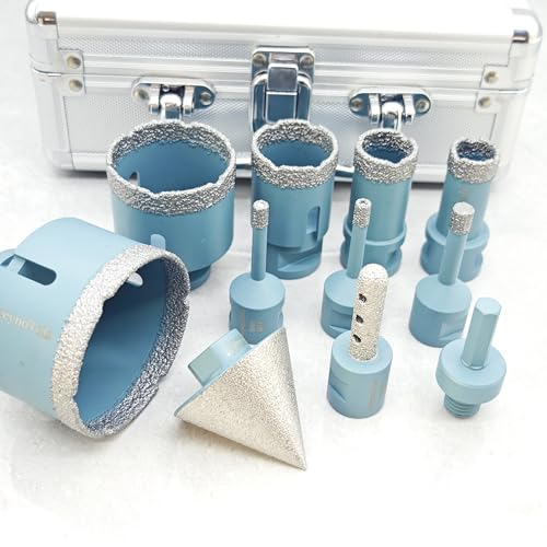 11pcs Diamond Hole Saw Drill Bits Set, 8pcs Drill Bits & 10mm Milling Bit & 50mm Beveling Chamfer Bit & Triangle Adapter, For Ceramic Tile Marble Porcelain With M14 Thread,Diamond Core Drill Bit von JeeynoTols