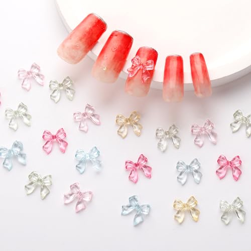 Jeffdad 100 Stück Schleifenknoten Nagel Strasssteine, Niedlicher Kunstharz Nail Charms Bow 3D Bunte Transparent Schleifenknoten Nagelstecker Nagelanhänger Nail Art für Nagelkunst DIY-Dekoration von Jeffdad