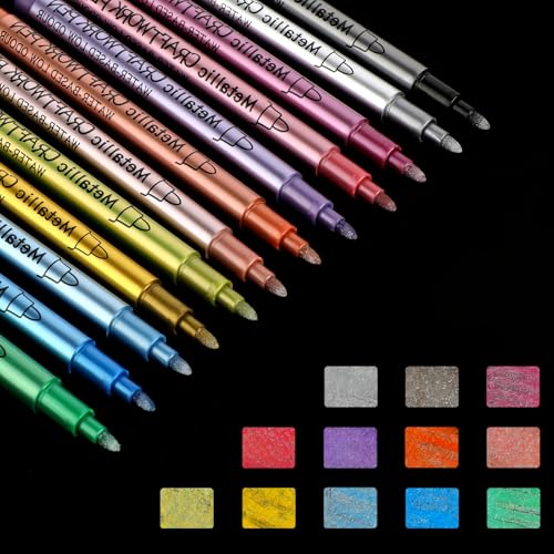 Jeffdad 12 Farben Metallic Stifte, 1-2mm Glitzerstifte Metallic Marker Stifte Permanent-Marker Set Geeignet Für Fotoalbum Zum Selbstgestalten Für Fotoalben Gästebücher Stein Glas Holz Keramik von Jeffdad