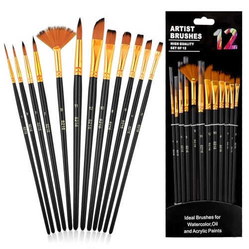 Jeffdad 12 Stück Künstlerpinsel Set, Nylon Pinsel Set mit 12 Verschiedene Größen, Pinselset für Aquarell Acrylfarben Kunstpinsel Malerei Ölfarben Brush Set Nylonpinselset für Künstler Malliebhaber von Jeffdad