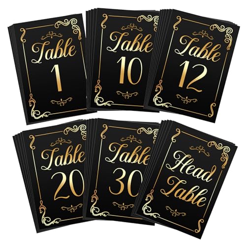 Jeffdad 31 Stück Tischnummern Hochzeit, 1 bis 30 Tischnummern Schwarz Tischkarten Hochzeit Platzkarten Gold Table Numbers Wedding für Geburtstag Party Taufe Kommunion von Jeffdad