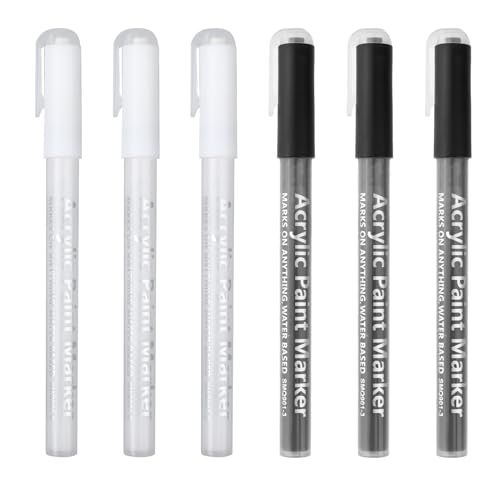 Jeffdad Acrylstifte für Steine Wasserfest, 6Pcs Steine Bemalen Permanent Marker Stift 0.7-2mm Feine Spitze Lackstift Schnelltrocknend Paint Pen für Glas Leinwand Metall Holz Reifen(weiß + schwarz) von Jeffdad