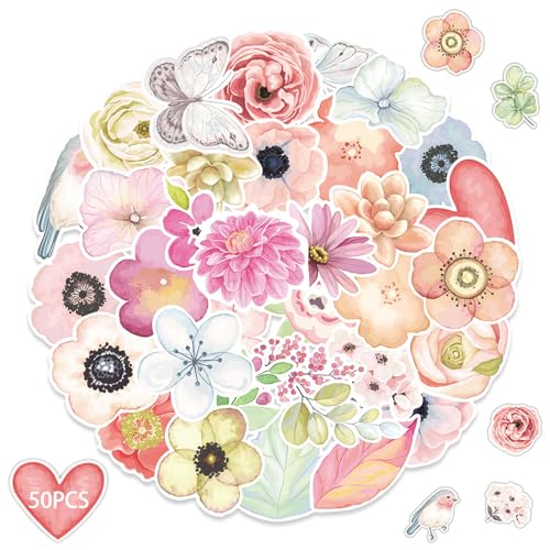 Blumen Aufkleber,50 Stück Blumen Scrapbooking Aufkleber,Wasserdicht Vinyl Stickers Wiederverwendbar Pflanzen Aufkleber für Wasserflaschen Gepäck Fahrrad Gitarre Koffer Tagesbuch Scrapbook Handy Pad von JeiibrZui