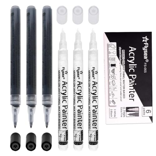 JeiibrZui 6 Stück Metallic Marker Stifte Set,Schwarz und Weiß Acrylstifte Permanent Marker, für Steine,Keramik Holz Papier Glas Stoff Metall Leinwand(3Schwarz+3Weiß) von JeiibrZui