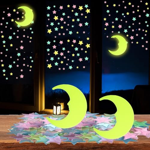 Leuchtende Sterne Wandsticker im Dunkelen Mond Set,200 bunte Sterne und 2 fluoreszierende 3D-Mondsichelaufkleber Wand Plastik mit Selbstklebend Sticker für Schlafzimmer Kinderzimmer Decke von JeiibrZui