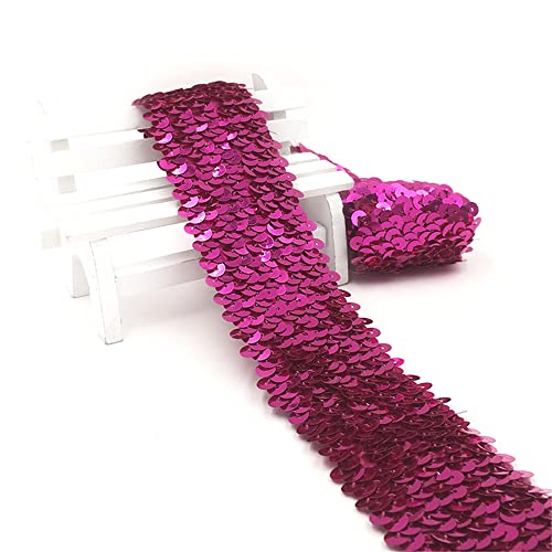 1 Meter 4,8 cm Elastisches Paillettenband 5-Reihiger Elastic Paillettenbesatz Applikation Ribbon Flache Pailletten Stoff Pailletten-Spitzenbesatz Metallic Stretch Pailletten Besatz zum Nähen,Rosenrot von JekyTMP