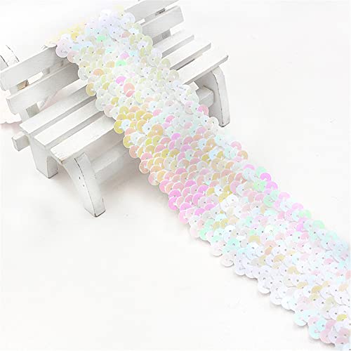 1 Meter 4,8 cm Elastisches Paillettenband 5-Reihiger Elastic Paillettenbesatz Applikation Ribbon Flache Pailletten Stoff Pailletten-Spitzenbesatz Metallic Stretch Pailletten Besatz zum Nähen,Weiss von JekyTMP