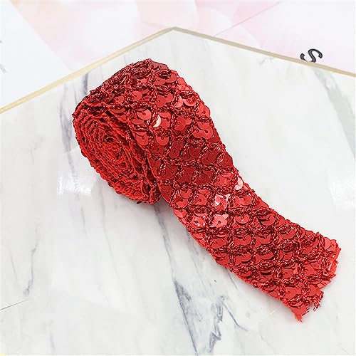 1 Yard Länge 3,5 cm Breite Metallic Stretch Pailletten Besatz Bling Ribbon Elastic Flache Glitter Paillettenband Besatz Stoff Paillettenborte mit Hologramm Glänzende Paillettenbänder zum Nähen,Rot von JekyTMP