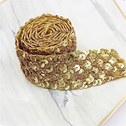 1 Yard Länge 3,5 cm Breite Metallic Stretch Pailletten Besatz Bling Ribbon Elastic Flache Glitter Paillettenband Besatz Stoff Paillettenborte mit Hologramm Glänzende Paillettenbänder zum Nähen,Gold von JekyTMP