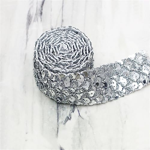 1 Yard Länge 3,5 cm Breite Metallic Stretch Pailletten Besatz Bling Ribbon Elastic Flache Glitter Paillettenband Stoff Paillettenborte mit Hologramm Glänzende Paillettenbänder zum Nähen,Silber von JekyTMP