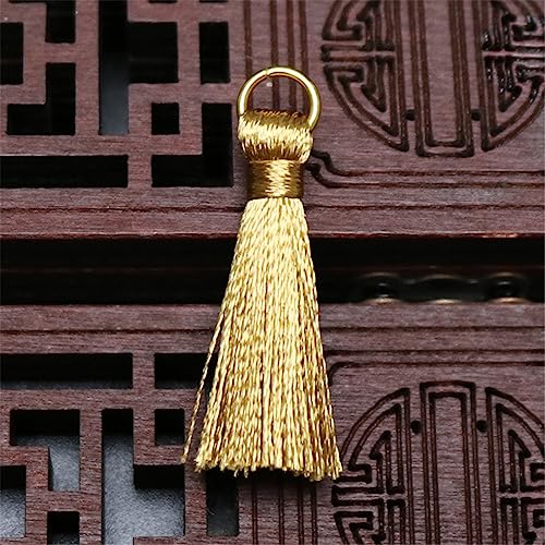 15 Pieces 3 cm Mini Quastenanhänger, Seidige Mini Fransen Bunte Tassels Weich Troddel Quasten Anhänger Lesezeichen Quaste Bastelquasten für Schlüsselbund, Geschenkanhänger, Schmuckherstellung(Gold) von JekyTMP