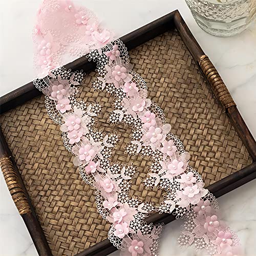 2 Yards 7 CM Bestickte Blumen-Perlen-Spitzenborte, Spitzenband Zierband Spitzenstoff ZiehrüSchenband Geschenkband HäKelborte Lace Roll NäHborte Perlenband RüSchenband Spitzenlitze Dekoband,Rosa von JekyTMP