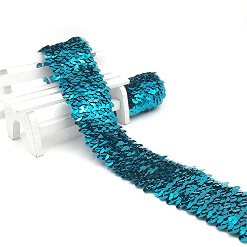 3 Meters 4,8 cm Elastisches Paillettenband 5-Reihiger Paillettenbesatz Applikation Ribbon Flache Pailletten Stoff Pailletten-Spitzenbesatz Metallic Stretch Pailletten Besatz zum Nähen,blauer See von JekyTMP