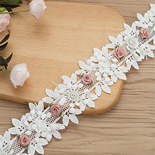 4 Yards 6cm Spitzenband mit Blumen, Perlen, Schleifen und Pompons Spitzenborte Zierborte SpitzenbordüRe Spitze-Borten Spitzenbesatz HäKelspitze Zierspitze Lace Ribbon Spitzenlitze Spitzband,Stil B von JekyTMP