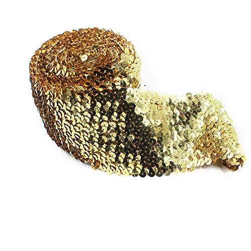 7 Meters 7,5 cm Stretch Pailletten Besatz 8-Reihiger Paillettenband Besatz Aus Stoff Metallic-Stretchbesatz Elastische Pailletten flache Glitter Stretch Bling Trim Spitzenband für Nähen,Gold von JekyTMP