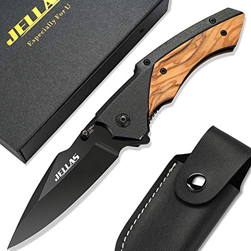 Jellas Klappmesser mit Spitzer und Gürteltasche, Taschenmesser mit Schwarz Beschichteter 9Cr18-Klinge, Outdoor Messer für Camping, Jagd, Angeln mit Holzgriff, KN02 von Jellas