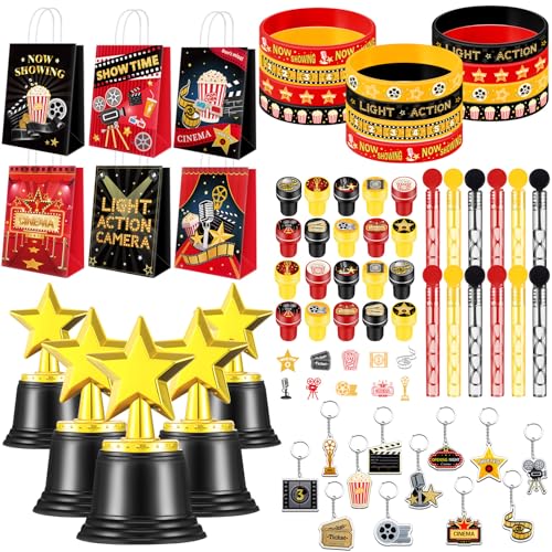 JellyArch 68 Stück Filmabend-Partygeschenke, 6 Partytüten mit Filmthema, 20 Stempel, 12 Silikon-Armbänder, 12 Schlüsselanhänger, 6 Stern-Trophäen-Auszeichnungen, 12 Blasenstäbe für Film-Partys, von JellyArch