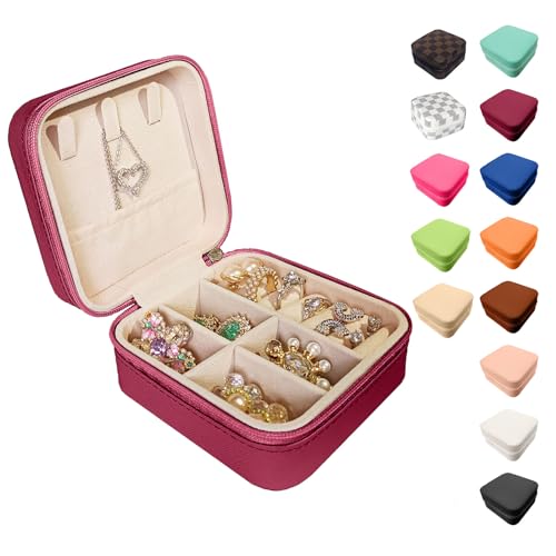 Jemjosh Kleine Reise-Schmuckschatulle, tragbare Mini-Schmuck-Lederbox, Schmuck-Ring-Organizer, Aufbewahrungsbox, Geschenkboxen für Mädchen und Frauen, Burgunderrot von Jemjosh