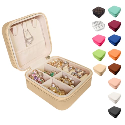 Jemjosh Kleine Reise-Schmuckschatulle, tragbare Mini-Schmuck-Lederbox, Schmuck-Ring-Organizer, Aufbewahrungsbox, Geschenkboxen für Mädchen und Frauen, Kamelbeige von Jemjosh