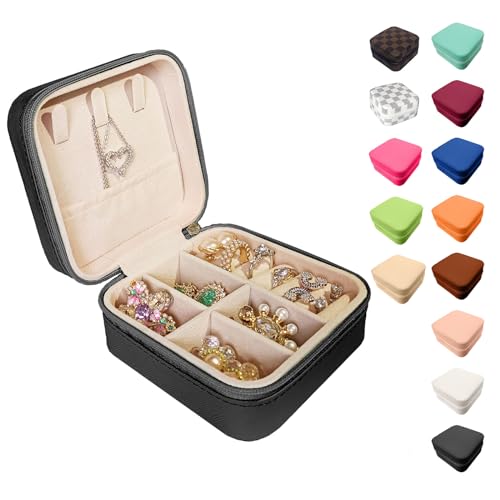 Jemjosh Kleine Reise-Schmuckschatulle, tragbare Mini-Schmuck-Lederbox, Schmuck-Ring-Organizer, Aufbewahrungsbox, Geschenkboxen für Mädchen und Frauen, schwarz von Jemjosh