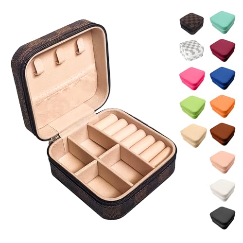 Jemjosh Kleine Reise-Schmuckschatulle, tragbare Mini-Schmuckschatulle, Lederbox, Schmuck-Ring-Organizer, Aufbewahrungsbox, Geschenkboxen für Mädchen und Frauen, schwarzes und braunes Schachbrett von Jemjosh