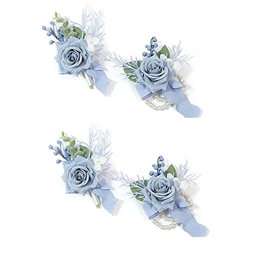Jenbnoau 4-Teiliges Set mit Ansteckblume und Boutonniere in Staubigem Blau, Accessoires für Den Abschlussball, Ansteckblume für das Handgelenk von Jenbnoau