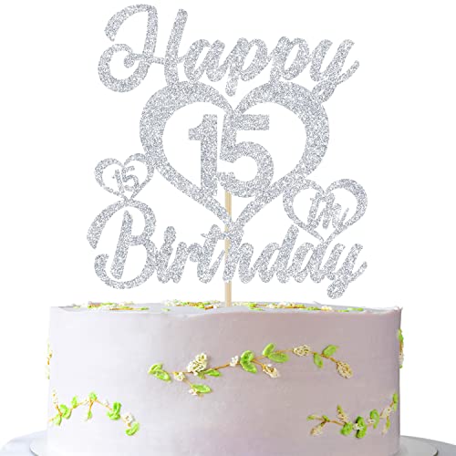 Happy 15th Birthday Cake Topper, 15th Cake Topper, Happy 15th Birthday Dekorationen für Jungen/Mädchen, Happy Bithday Party Dekorationen Silber Glitzer von Jenrtvis