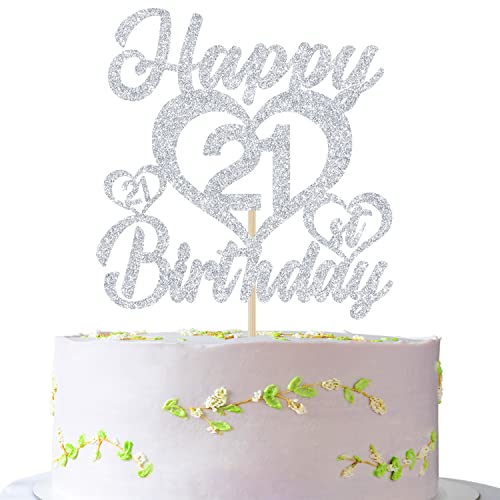 Happy 21st Birthday Cake Topper, 21st Cake Decor, Cheers to 21 Years Dekorationen, 21st Birthday Party Dekorationen Silber Glitter von Jenrtvis