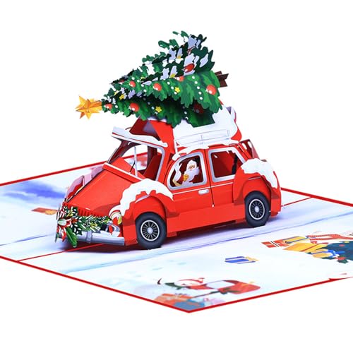 3D Pop UP Weihnachtskarten, Weihnachtskarten mit Umschlag Set, Klappkarten Weihnachtsgrußkarten, Weihnachtskarten Lustig mit 3D Rot Auto, Karte Weihnachten für Kinder Weihnachten Geschenk von Jenshhch