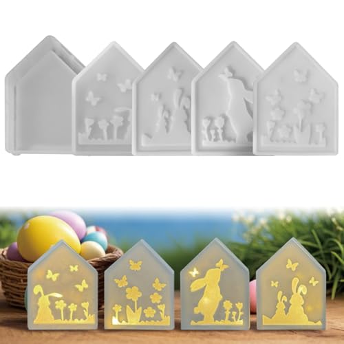 Häuser Silikonformen Gießformen Ostern, 4 Stück Silikonform Haus Silikonform Ostern Schmetterling Hase Frühling Silikonformen Ostern Haus Kerzenformen zum Gießen Giessform Silikon für Handwerk (A) von Jenshhch