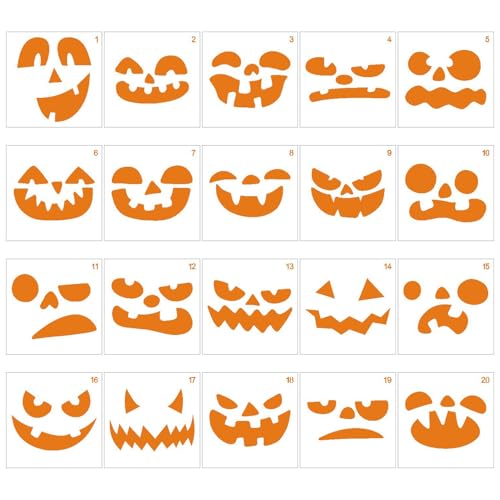 Halloween Schablonen Kürbis, 20 Stück Halloween Wiederverwendbare Schablonen Kürbis Deko, Halloween Kürbis Malschablonen, Halloween Emoji Hohle Vorlage, Halloween Schablonen Kürbis Gesicht (A) von Jenshhch