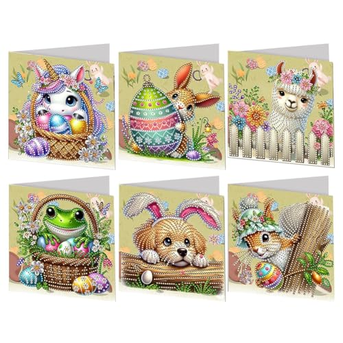 Osterkarten mit Umschlag Diamond Painting Ostern, DIY 5D Diamond Art Painting Karten Ostern 6er Set, Frohe Ostern Grußkarten Diamond Painting Frühling Kits Bastelset Ostern für DIY Geschenk (Tiere) von Jenshhch