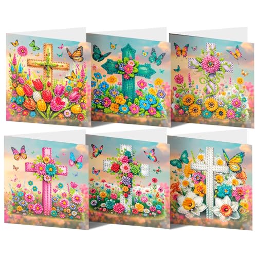 Osterkarten mit Umschlag Diamond Painting Ostern, DIY 5D Diamond Art Painting Karten Ostern 6er Set, Frohe Ostern Grußkarten Diamond Painting Frühling Kits Bastelset Ostern für DIY Geschenk (Kreuzen) von Jenshhch