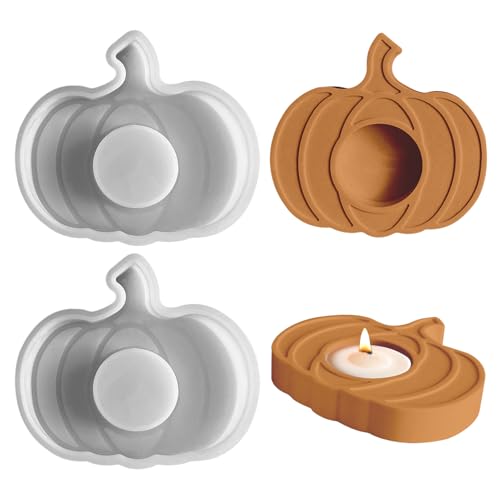 Silikonformen Gießformen Herbstdeko Kürbis Kerzenhalter, 3D Halloween Kürbis Silikonform Teelichthalter, Silikonform Kürbis Gips zum Gießen Giessformen Silikon für Halloween, Thanksgiving (2PCS) von Jenshhch