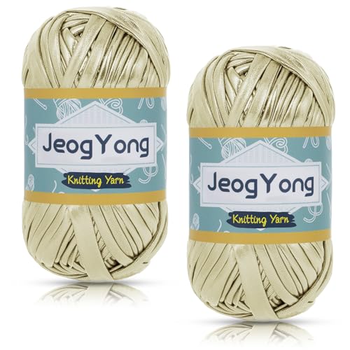 JeogYong 2 Knäuel Metallic-T-Shirt-Garn, 2 x 100 g, Polyester-Strickgarn, Stoff, T-Shirt-Garn, grobes Häkelgarn zum Häkeln von Taschen, Körben, Heimdekoration, DIY Handwerk (Champagner-Gold) von JeogYong