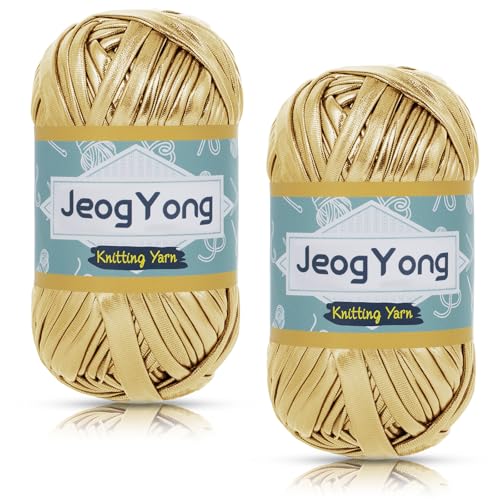 JeogYong 2 Knäuel Metallic-T-Shirt-Garn, 2 x 100 g, Polyester-Strickgarn, Stoff, T-Shirt-Garn, grobes Häkelgarn zum Häkeln von Taschen, Körben, Heimdekoration, DIY Handwerk (Golden) von JeogYong