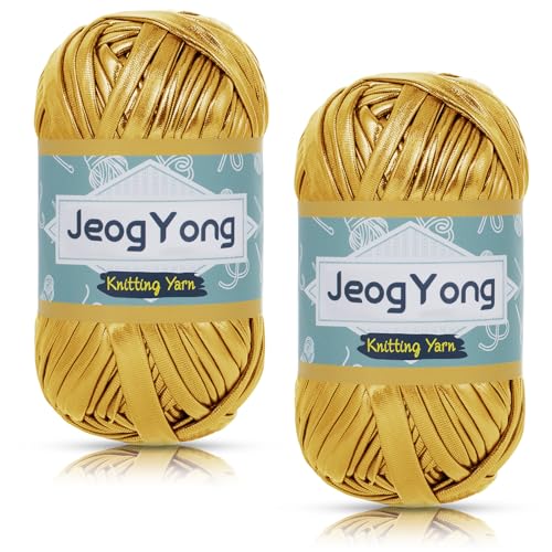 JeogYong 2 Knäuel Metallic-T-Shirt-Garn, 2 x 100 g, Polyester-Strickgarn, Stoff, T-Shirt-Garn, grobes Häkelgarn zum Häkeln von Taschen, Körben, Heimdekoration, DIY Handwerk (Goldgelb) von JeogYong