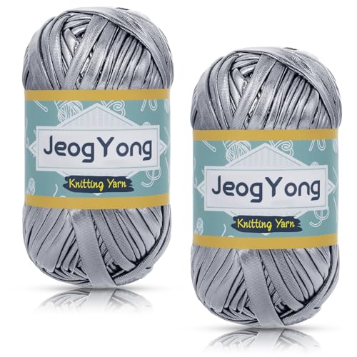 JeogYong 2 Knäuel Metallic-T-Shirt-Garn, 2 x 100 g, Polyester-Strickgarn, Stoff, T-Shirt-Garn, grobes Häkelgarn zum Häkeln von Taschen, Körben, Heimdekoration, DIY Handwerk (dunkelgrau) von JeogYong